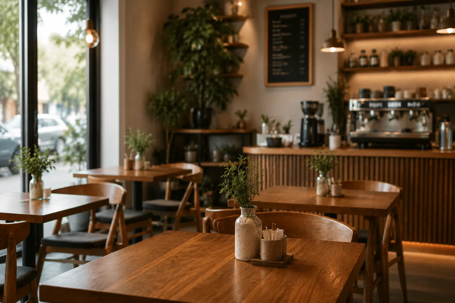 Interior del café con mesas listas para pedir con Pidesk